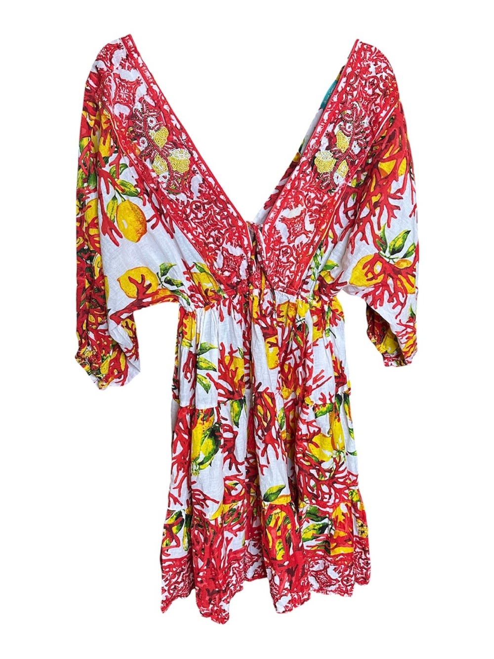 Vibrant Red & Yellow Tropical vacation V-Neck Mini Dress lemon and coral